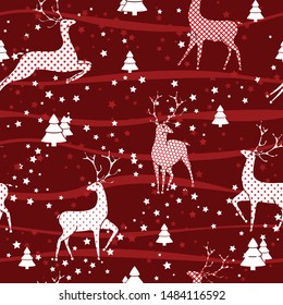 Seamless Christmas pattern - varied Xmas deers with stars and trees. Red and white Happy New Year background. Vector design for winter holidays.