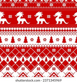 Seamless Christmas pattern - varied Xmas dragon with norway ornament. Red and white Happy New Year background. Vector design for winter holidays. Print for fabric.