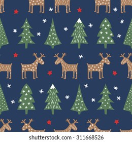 Seamless Christmas pattern - varied Xmas trees, deer, stars and snowflakes. Colorful Happy New Year background. Vector design for winter holidays.