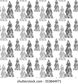 Seamless Christmas pattern - varied Xmas trees in shades of the gray drawn by hand. Winter forest illustration. Vector design for winter holidays .Background in the Scandinavian style.