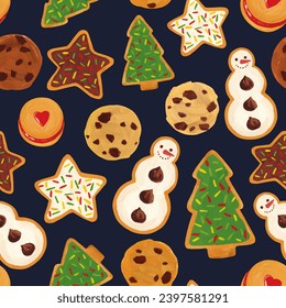 Seamless Christmas pattern with a variety of painting gingerbread Christmas cookies on a blue background.