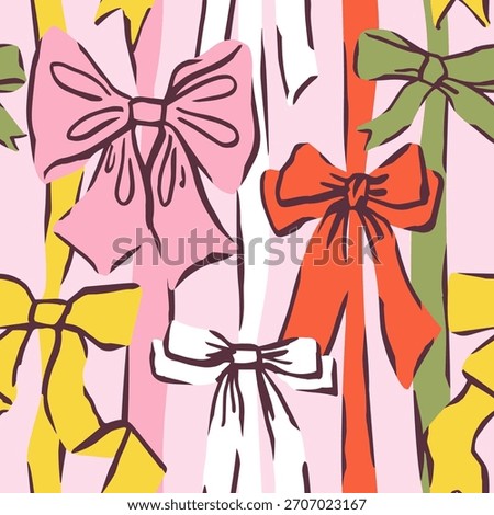 Seamless Christmas pattern with various cute bow knots,vertical gift ribbons. Trendy coquette core design. Hand drawn vector illustration. Holiday background, wrapping paper.