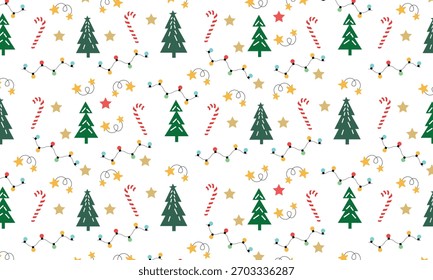 Patrón de Navidades sin fisuras con varios Elementos festivos, incluidos adornos, bastones de caramelo y decoraciones invernales. Perfecto para envolver papel, tela y proyectos de vacaciones.
