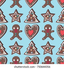 Seamless Christmas pattern with various gingerbread cookies