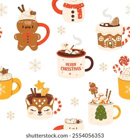 Seamless Christmas Pattern with various Mugs with cacao, whipped cream, marshmallow, gingerbread and candy cane. Seasonal flavored products, cards for New Year or winter holidays.