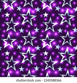 Seamless christmas pattern with various silver stars and shining glitters on dark purple pink background. Luxury silver gradien design for wrapping paper, prints, scrapbooking, Vector eps10 backdrop