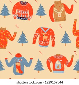 Seamless Christmas pattern with various ugly sweaters, candy and fir-tree. Vector illustration for textile, postcard, wrapping paper, poster, background, cover, t-shirt.