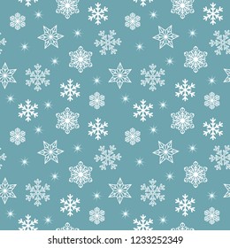 Seamless christmas pattern with various white snow flakes and stars balls on vintage blue christmas background. Simple retro style design for wrapping paper, prints, scrapbooking, Vector eps10