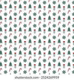 Seamless Christmas Pattern. Vector Pattern background with Christmas tree, candy, flower, snowflakes. Suitable for Christmas background, presentation, wrapping paper, print, artwork.