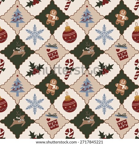Seamless Christmas pattern vector with cute flat holiday ornaments. Editable and scalable design for backgrounds, print projects, stationery, packaging, and seasonal marketing.