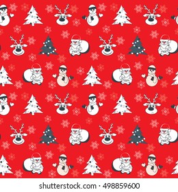 Seamless Christmas pattern. Vector design for winter holidays on red background. 