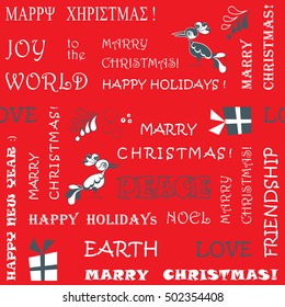 Seamless Christmas pattern. Vector design for winter holidays on red background. Text, birds, leaves, boxes