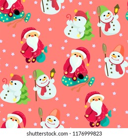 Seamless Christmas pattern in vector graphic with cute Santas and snowmen with stars and spruce trees