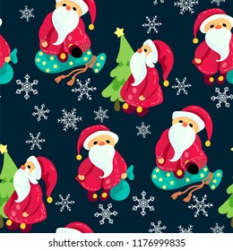 Seamless Christmas pattern in vector graphic with cute Santas with stars and spruce trees