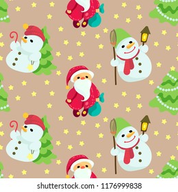Seamless Christmas pattern in vector graphic with cute Santas and snowmen with stars and spruce trees