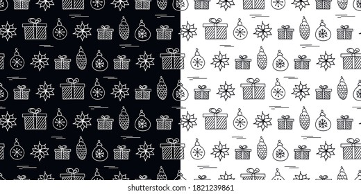 Seamless Christmas pattern in vector, hand-drawn. Pattern with Christmas elements, linear images. New year's and Christmas doodles.