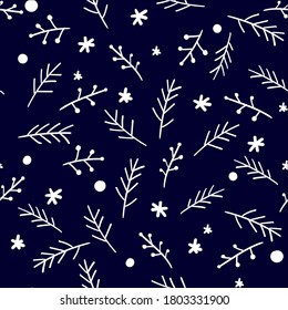 Seamless Christmas pattern. Vector illustartion with white plants and snowflakes on blue background. Ornament for packaging, wrapping, wallpaper