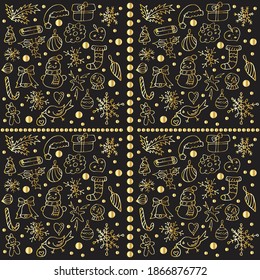 Seamless Christmas pattern. Vector illustration. Golden elements on a black background. An interesting option for wrapping paper. Festive print. EPS-10.