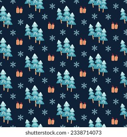 Seamless Christmas pattern. Vector illustration in winter style. Perfect for gift paper or textile printing. Snowflakes, trees and pines. Use it for celebration New Year and enjoy holidays.