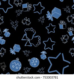 Seamless christmas pattern, vector illustration. New Year's symbols on a black background. Perfect for wallpaper, wrapping paper, pattern fills, winter greetings, web page background.