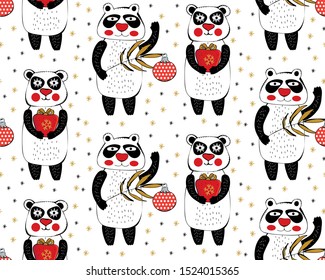 Seamless Christmas pattern in vector. New year background. Cute kawaii pandas with Christmas tree toy and gift on white background among snowflakes. Сartoon Christmas characters in gold, red, black