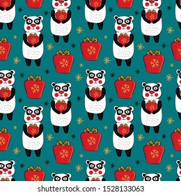 Seamless Christmas pattern in vector. New year background. Cute kawaii pandas with Christmas gift on dark background among snowflakes. Сartoon characters in gold, red, black. Chinese new year. 2020
