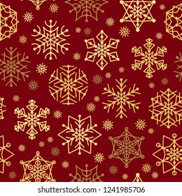 Seamless Christmas pattern with vector snowflakes. Golden snowflakes on red background for your design. Vector background for fabric, textile, wallpaper, advertising posters, gift wrapping and paper, 