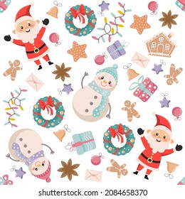 Seamless Christmas pattern with vector snowmen and Santa Claus. Pattern with elements of Christmas design. Christmas time!Suitable for gift wrapping, fabric, textile