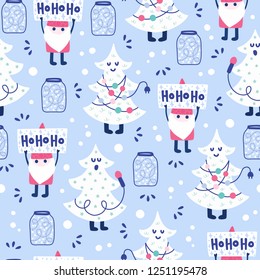 Seamless Christmas pattern. Vector winter background with tree, santa and different elements. Design for prints, shirts and posters.
