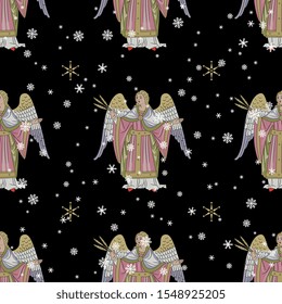 Seamless Christmas pattern with vintage angels and snowflakes.
