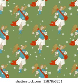Seamless Christmas pattern with vintage angels or archangels and snowflakes. Baroque style.		