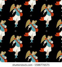 Seamless Christmas pattern with vintage angels or archangels and snowflakes. Baroque style.