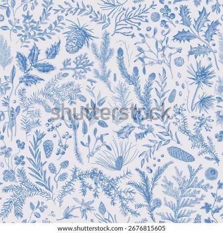 Seamless christmas pattern. Vintage botanical illustration. Herbarium. Winter flora. Blue and white