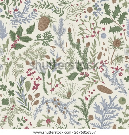 Seamless christmas pattern. Vintage botanical illustration. Herbarium. Winter flora. 