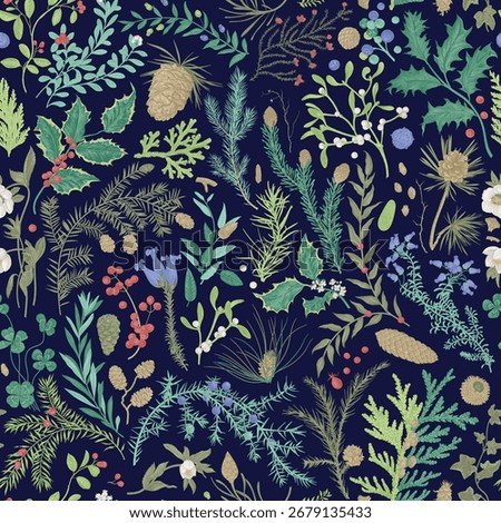 Seamless christmas pattern. Vintage botanical illustration. Herbarium. Winter flora. Vivid 