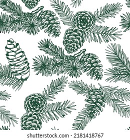 seamless christmas pattern. vintage drawing in sketch style. spruce branches and cones. Christmas tree.