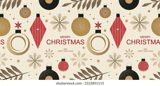 Seamless Christmas pattern with vintage ornaments and festive elements in gold, black, and red colors. Minimalistic design perfect for holiday decorations and greeting cards