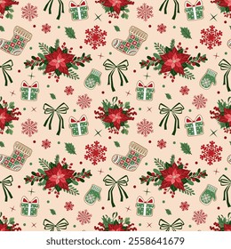 Seamless Christmas pattern in vintage style with gingerbread cookies and poinsettia bouquets. Winter holidays background. Vector illustration. Christmas design for decor, wallpapers, wrapping paper