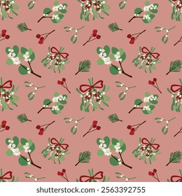 Seamless Christmas pattern in vintage style with mistletoe and snowberry. Winter holidays background. Vector illustration. Christmas design for decor, wallpapers, wrapping paper