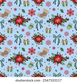 Seamless Christmas pattern in vintage style with gingerbread cookies and poinsettia bouquets. Winter holidays background. Vector illustration. Christmas design for decor, wallpapers, wrapping paper