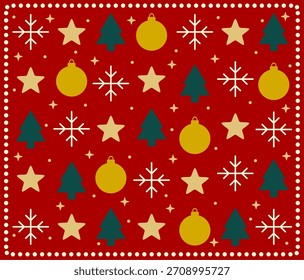 Seamless Christmas pattern with vintage style elements on red background. Festive holiday design featuring trees, ornaments, snowflakes and stars for seasonal decoration.