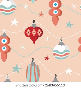 Nahtloses Weihnachtsmuster mit vintage Weihnachtsbaumschmuck auf Pfirsichhintergrund. Flache Vektorgrafiken.
