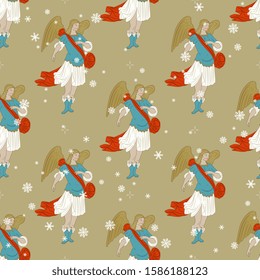 Seamless Christmas pattern with vintage warrior angels or archangels and snowflakes. Baroque style.