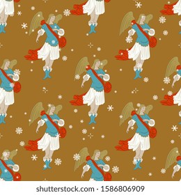 Seamless Christmas pattern with vintage warrior angels or archangels and snowflakes. Baroque style.