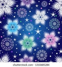 Seamless Christmas pattern with volumetric multicolored snowflakes and confetti. Vector image, eps 10