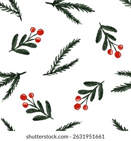 Seamless Christmas pattern with watercolor pine branches and red berries. Vector illustration