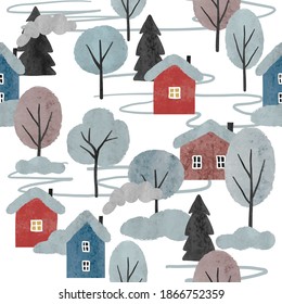 Seamless Christmas pattern with watercolor trees and houses. Winter landscape.