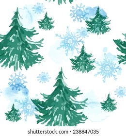 Seamless christmas pattern with watercolor vector trees