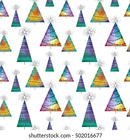 Seamless christmas pattern with watercolor vector trees and hand-drawn elements on white background. Colorful endless unusual creative