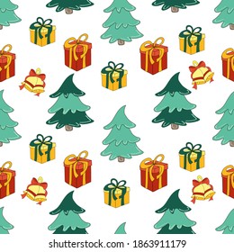 Seamless Christmas pattern. White background. Christmas trees and
gifts with bows and ribbons. Vector. Cartoon. Bright festive backdrop for fabric, wrapping paper and wallpaper.